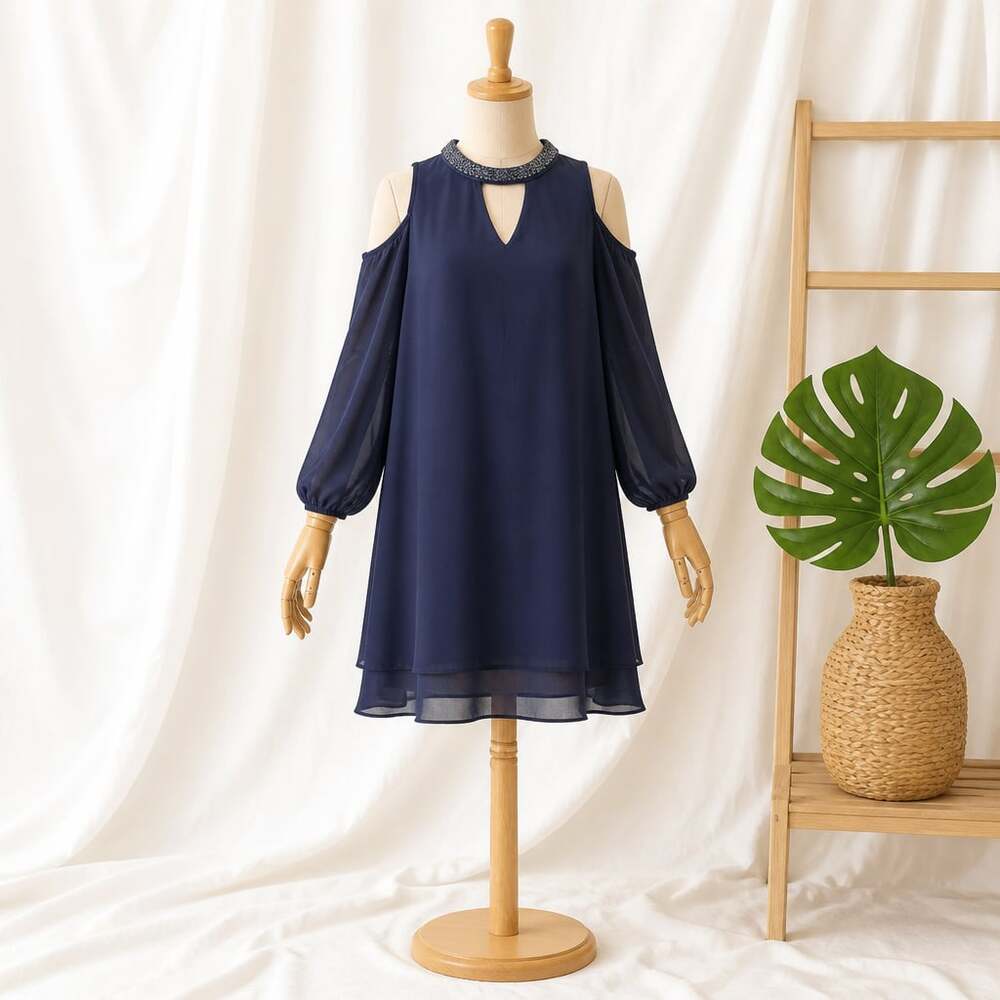 X by Xscape Navy Blue Beaded Cold Shoulder Shift Dress Size 12P